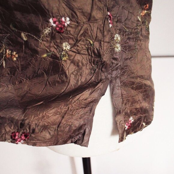 Brown Silk Cap Sleeve Floral Embroidered  Crinkle Top, Size L - Picture 5 of 9